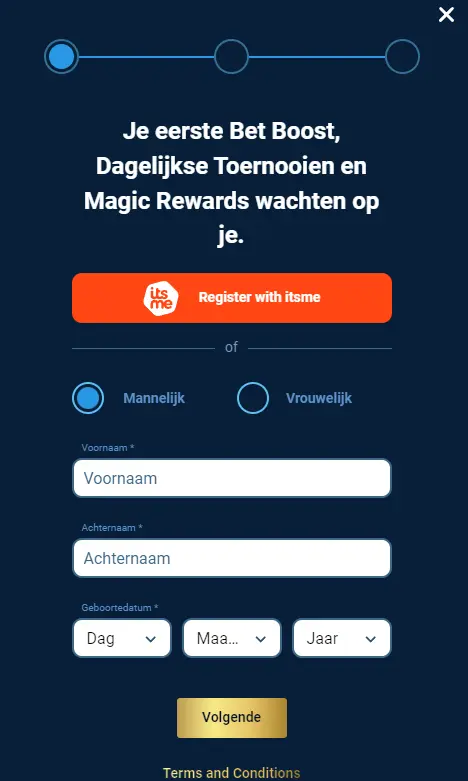 Snel formulier om een spelersaccount aan te maken