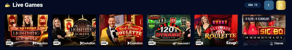 Bibliotheek met tafelspellen, slots en live casino